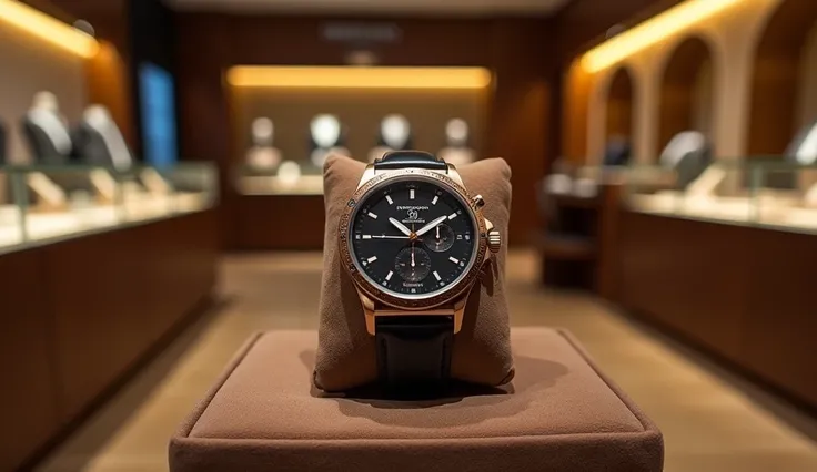 A premium wristwatch displayed on a velvet cushion inside a luxury watch store, with a high-end Dubai watch boutique background, golden lighting, and elegant wooden interiors."
👉 "A close-up of a luxury smartwatch with a digital display, placed on a high-e...