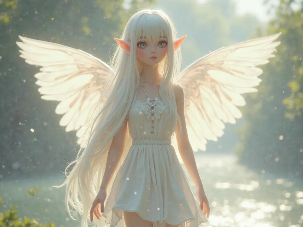 Highest quality, masterpiece, exquisite CG, long white hair, 1 mature girl, elf ears, transparent wings, big watery eyes, knee-length skirt, high light, natural light, hyper-realistic, film lighting texture, faded, beautiful, clean background, whole body