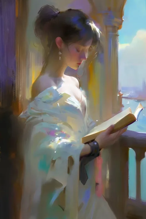 pastel portrait, shoulder lose dress,Позитив Клип L 8k, отмеченный наградами, proФessional close up, style oФ Casey Baugh, style oФ Pino Daeni, beautiful woman reading book on a balcony by the sea,painting inspired by Zhaoming Wu