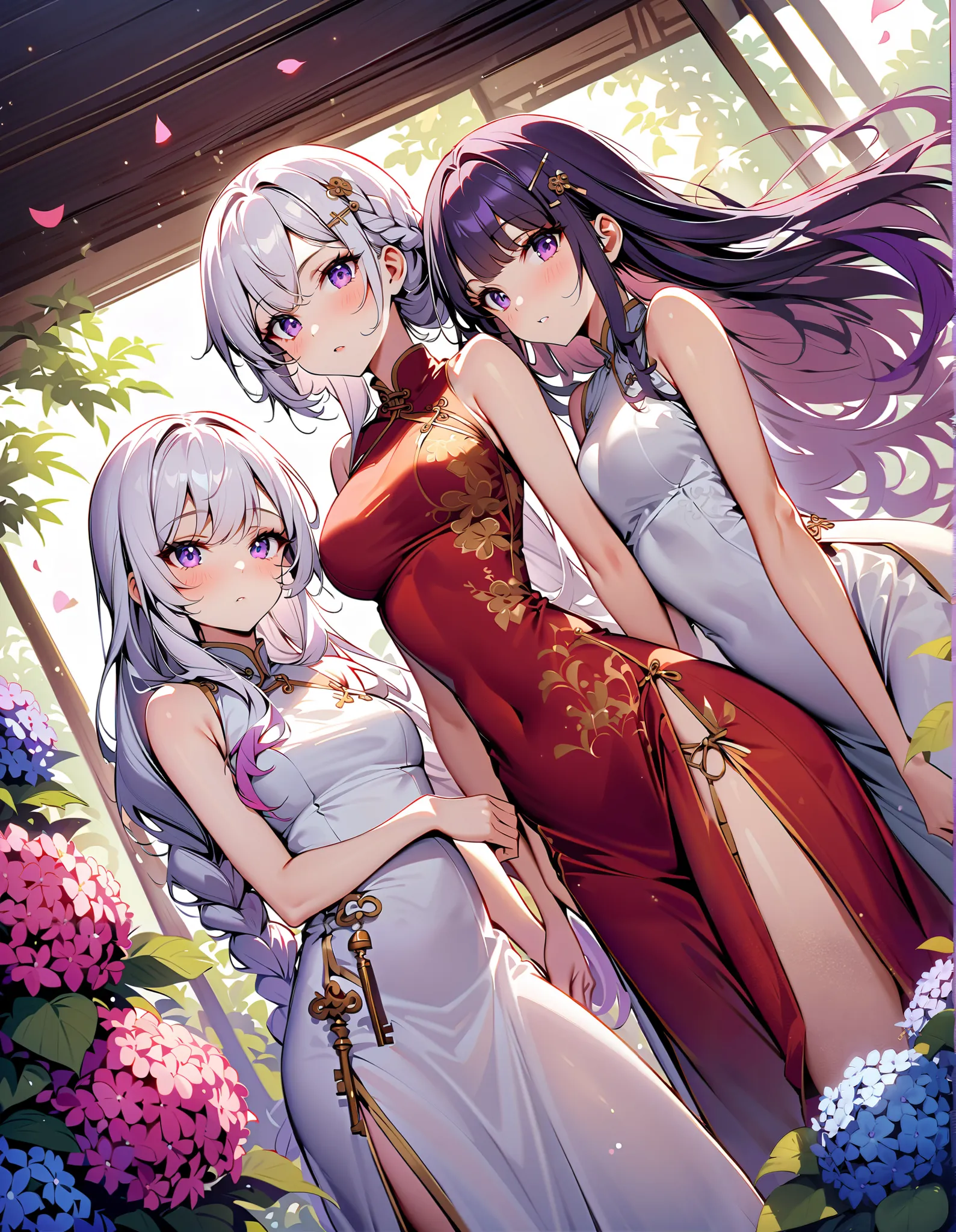 ( masterpiece), is best,  high resolution , extremely detailed, 2 girls side by side, yinji,  purple hair, purple eyes,  long hair, White hair, Double braid, Gradient hair , A beautiful white Chinese dress, elegant Chinese dress,  Fine Details , cheongsam ...