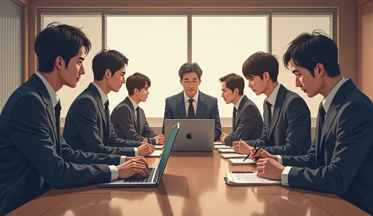 Laptop on the 、A scene where Japanese experts who place importance on diplomatic solutions are discussing with a cautious expression。、the reporters are taking serious notes。The inside of the studio has a calm atmosphere、the media is reporting while maintai...