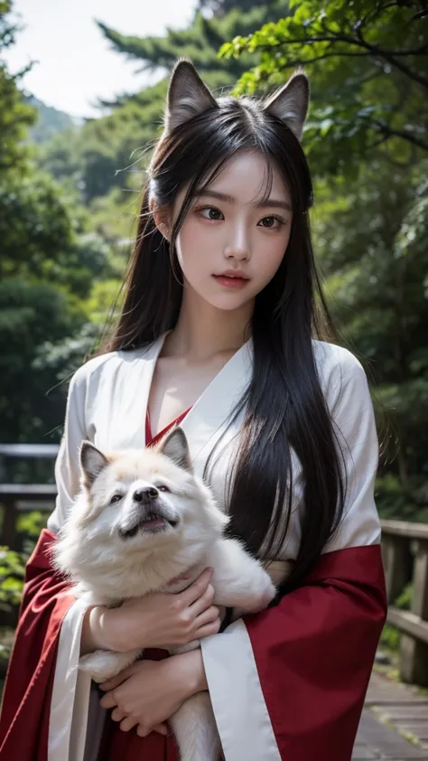 8k, RAW photo, best quality, masterpiece:1.2), (realistic, photo-realistic:1.4), (extremely detailed 8k wallpaper)."A highly realistic 20-year-old Japanese shrine maiden joyfully plays with a majestic white wolf under the full moon. She has delicate featur...