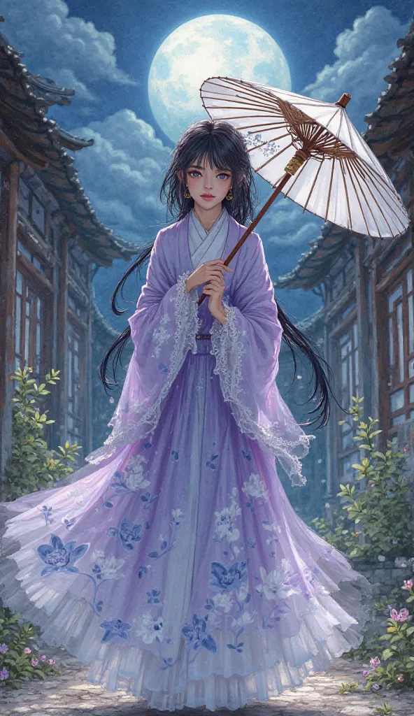   Ai Spell:Drawn in Classical Brush Style，Female Protagonist as Dili Zumba's face，tulle skirt with white embroidered light blue lotus，Light Purple Cloak，Cuffs With Lace Lace。holding white painted black patterned paper umbrella，Eye Lament Fear，Willow frowne...