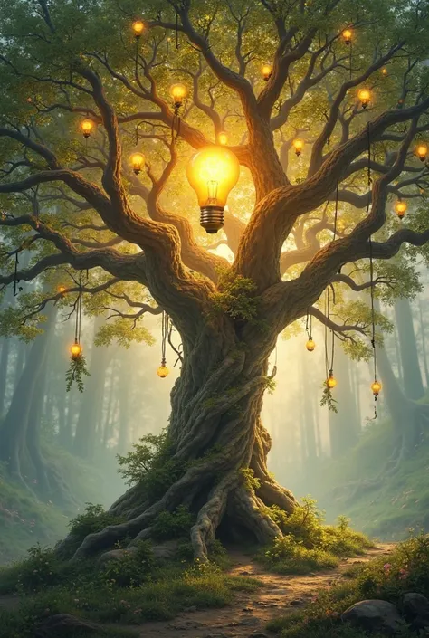 Creat tree of knowledge with light bulb fruits