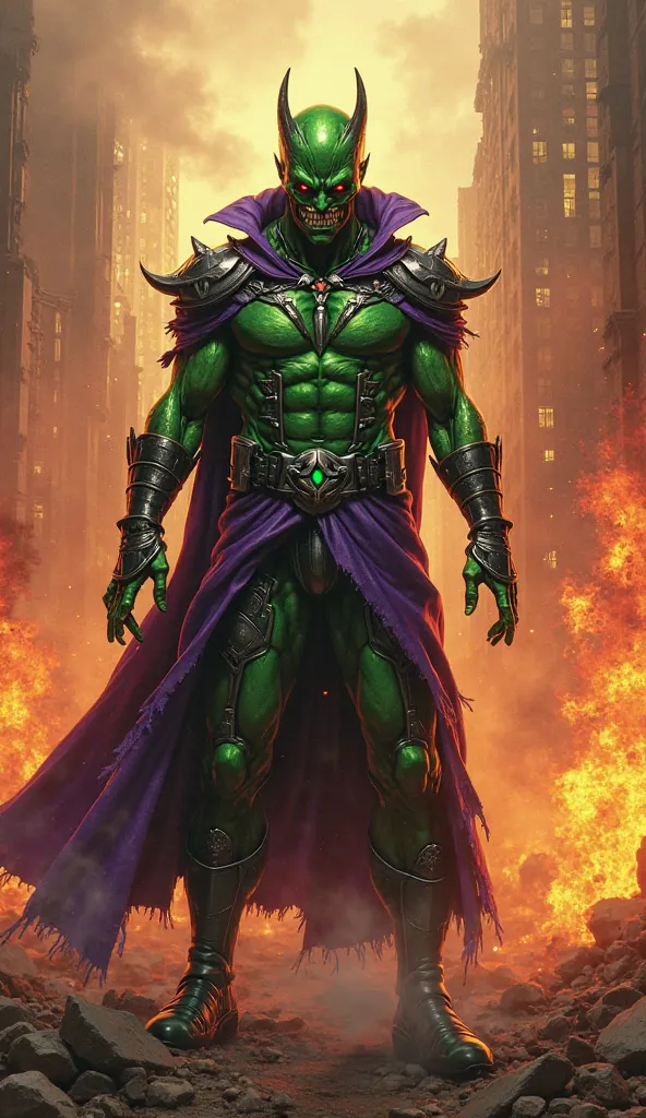 Green goblin is standing in a thrilling fire environment 