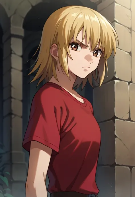  score_9, score_8_up, score_7_up, score_6_up, score_5_up, score_4_up,anime coloring, source_anime,Kagari,1 girl,Alone,brown eyes,medium hair,blond hair, red shirt,short sleeves,ruins,portrait,cowboy shot,stares, serious expression