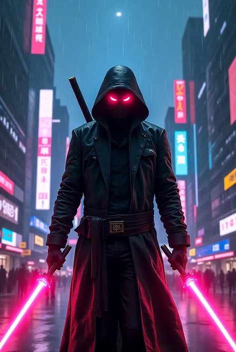 "A neon city illuminated by rain, skyscrapers covered in giant holograms.  in the center, a masked cyberpunk warrior, wearing a long coat and holding an energy katana.  Your eyes glow red ,  ready for battle ."