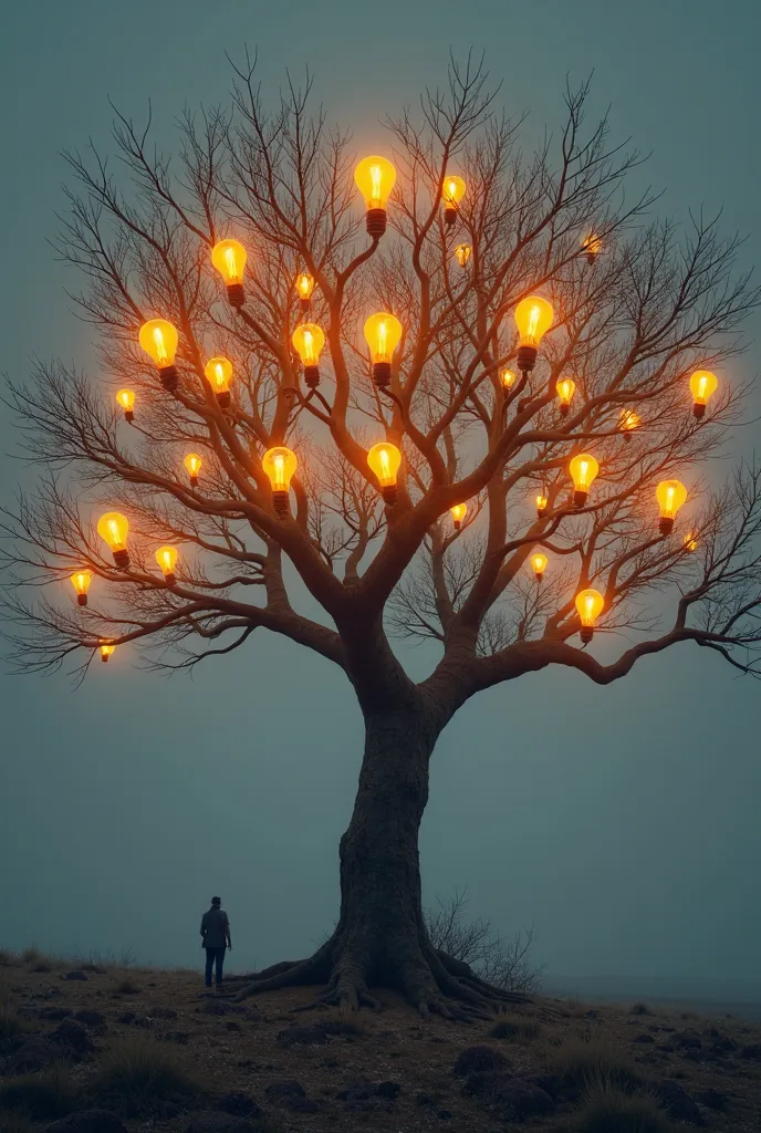 Creat tree of knowledge with light bulb fruits and no leaves