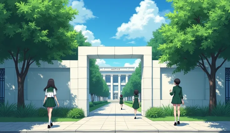 Outside of a white blocky concrete gate that is attached to the sidewalk and has a large white office building on the other side with lots of greenery around with some students wearing green and white uniforms with the image being in an anime style