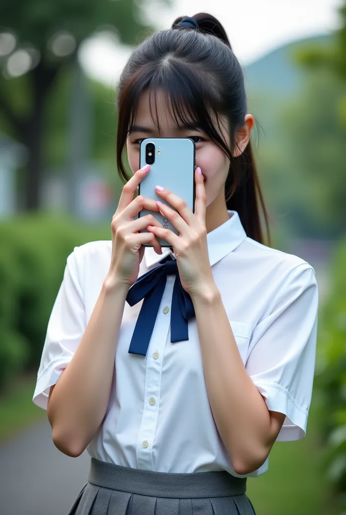 female、 Japanese、 about 20 years old、is smiling、I hide my mouth from the camera on my cell phone、 piece、ponytail、 white collared shirt、Blue ribbon、 gray pleated mini skirt、outside、 dark hair、 real 、 photos、live-action、realistic,hyper detailed,high quality,