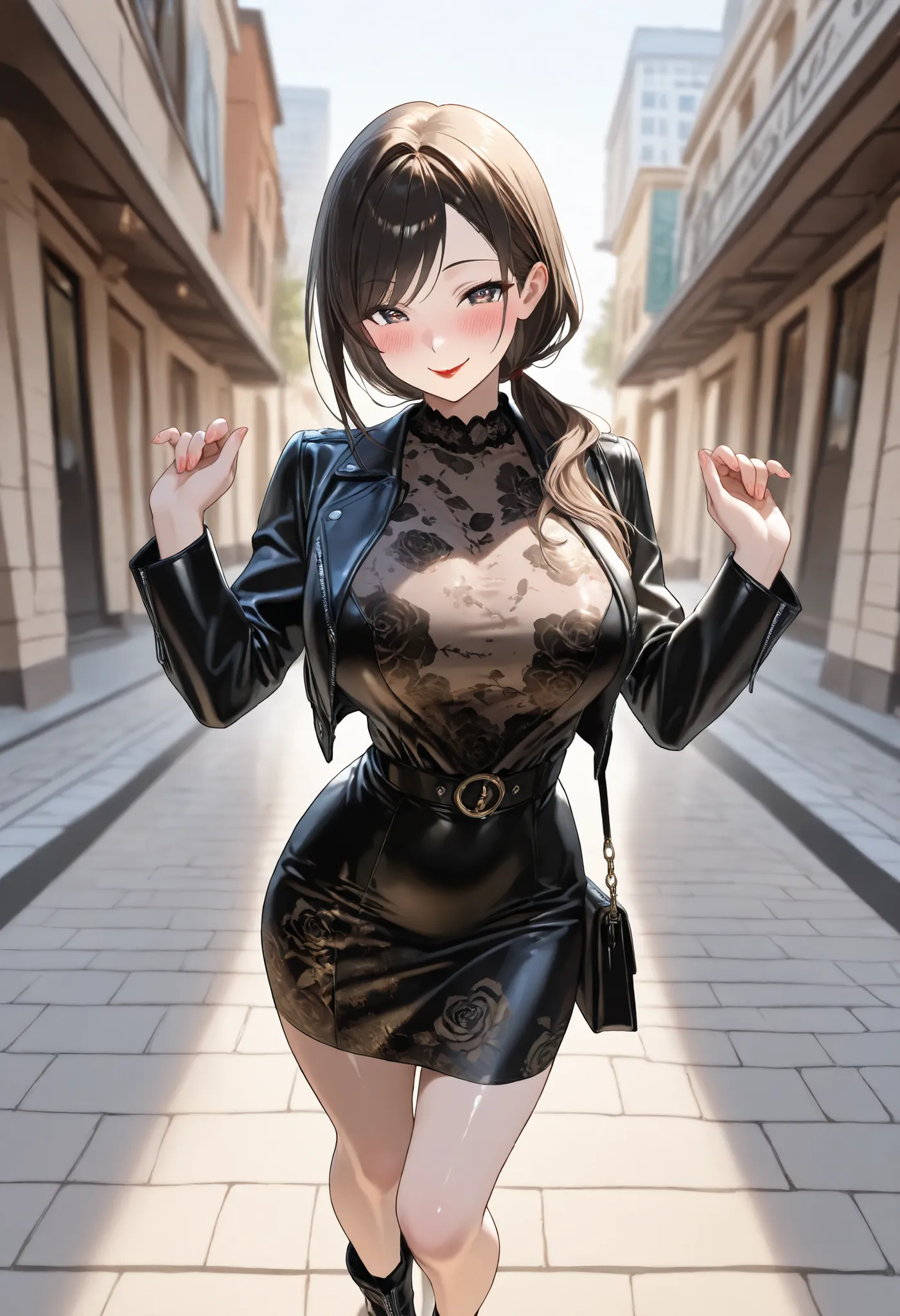 (best quality, masterpiece, ultra detailed, high resolution), Beautiful 8K CG artwork, Enriched photography, anatomically accurate body, depth of field,  1girl, elegant yet sexy girl, (long hair, black straight hair, swept bangs), 
round large breasts, bre...