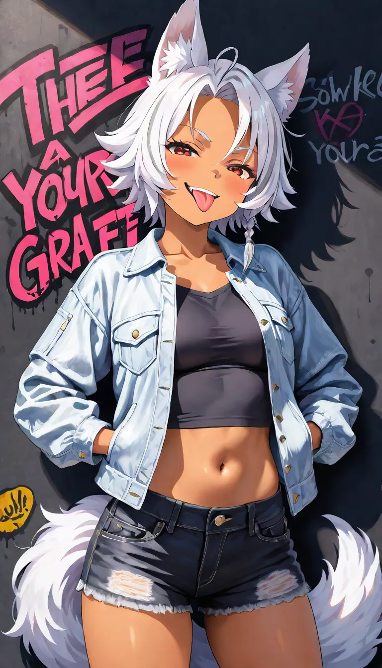 （best quality),  elementary school student, a ogre girl , solo, massive, (cute), a black punk denim jacket, black denim short pants, wearing silver accessories, silver white gradation Hair, short hairstyle, (dark skin :1.3), wolf ears, a fluffy wolf tail ,...