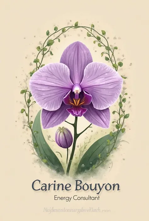 Créer un logo dans les tons violet, vert, beige pour une énergéticienne et rajoute une orchidée violette dessus, avec des lianes vertes et le nom Carine Bouyon