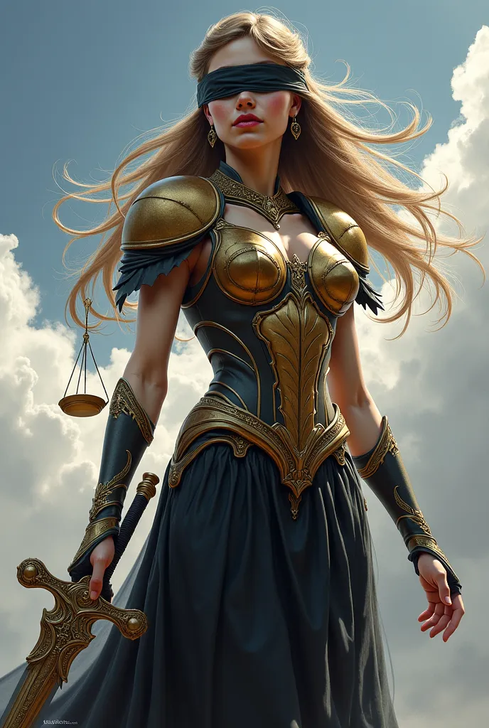 Create a digital painting of a powerful, mythical female. She wear blindfold cover her eyes and should be depicted in a dramatic, cloudy sky background, with a sense of movement and grandeur. She is wearing an ornate, gold and black armor-like bodice and a...