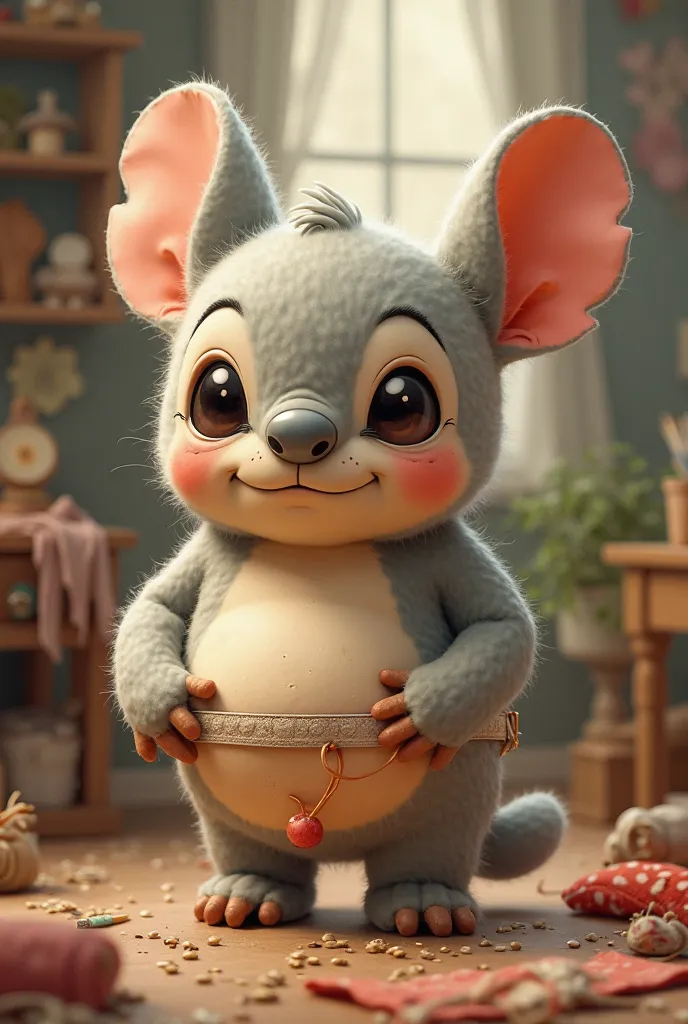 A STICH WITH EARS PUTTING ON A GIRDLE TO LOSE WEIGHT