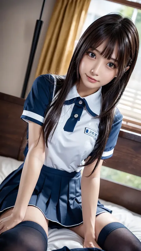 ((masterpiece, Highest quality, high resolution, ultra high definition)),  Japanese high school girl,(realistic:1.5)、smiles、great face、closed mouth、 sharp mouth、Glossy Lips 、long hair,(beautiful dark hair:1.5)、(( school uniform, short sleeve sailor suit on...