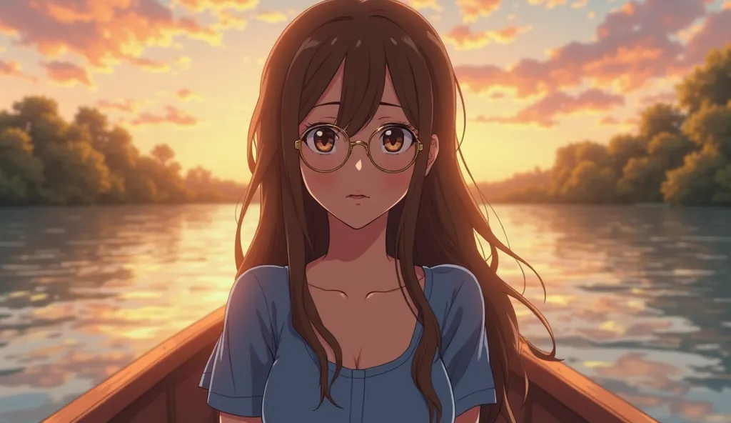  Anime style. warm lighting. , an adult girl with round glasses in a gold frame, with long brown hair with a parting in the middle.  brown eyes. THE GIRL IN THE BLUE DRESS . boat in the middle of a quiet lake at sunset.