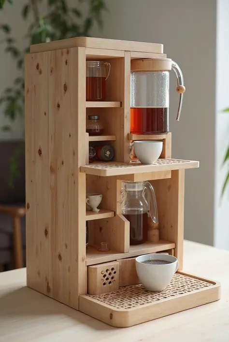 I want an approximate picture of a modern device such as a coffee maker for making tea. It consists of two parts, such as shelves at the top of a large pot for tea and at the bottom is a shelf divided crosswise into three parts. Each part has a small jug a...