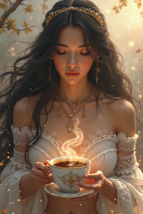 goddess of coffee, holding a cup of coffee, black haired