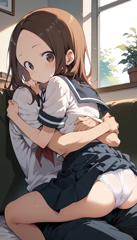 (Takagi)　white panties　sitting position, hug from behind, face to face, straddle　skirt　 sailor suit　red