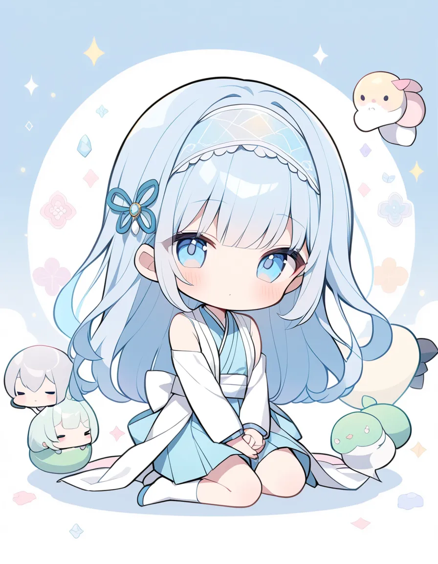  one woman、 長いhair, PASTEL COLOR 、 smooth、 chibi, pale blue eyes 、พื้นหลังที่ smoothง่าย、  place your hands on the floor .、、 Gemstone pattern、 twinkle in both armpits、cute、Stylish design background（ light blue and white）、 kyudo suit、Hakama、black、 headband、...