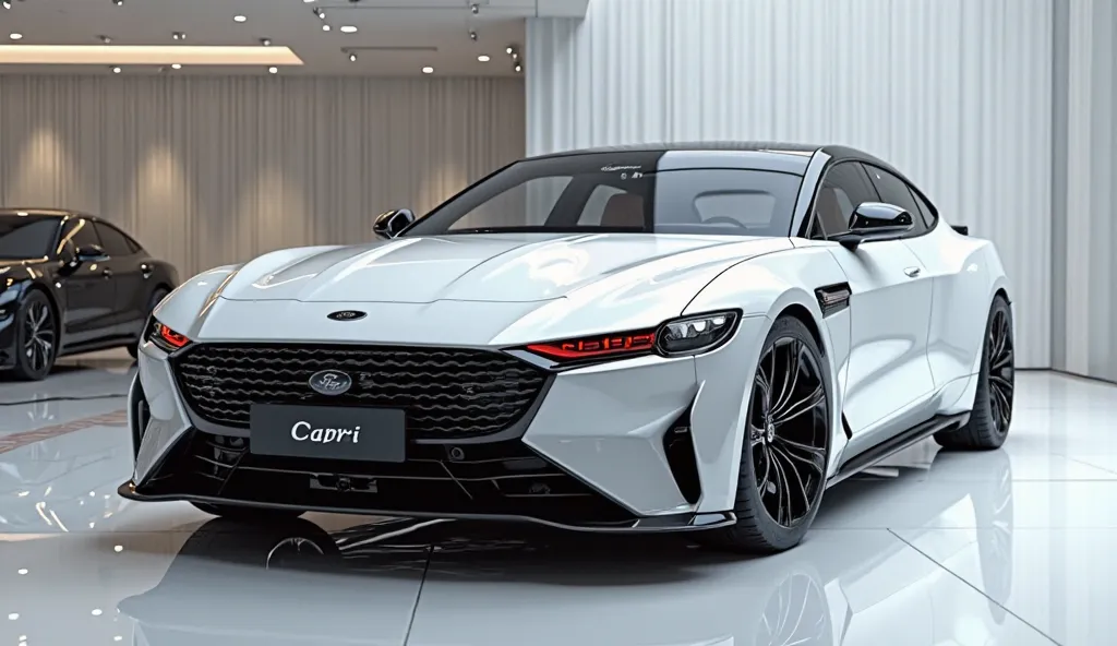 create an ultra-detailed 3D render front view, of a moder 2025 Ford Capri with a bold designy looking long like limousine captured from front view. The car should feature a 'Gleamy oily pure white. 'color and black accents with a ' Ford ' logo on its back,...