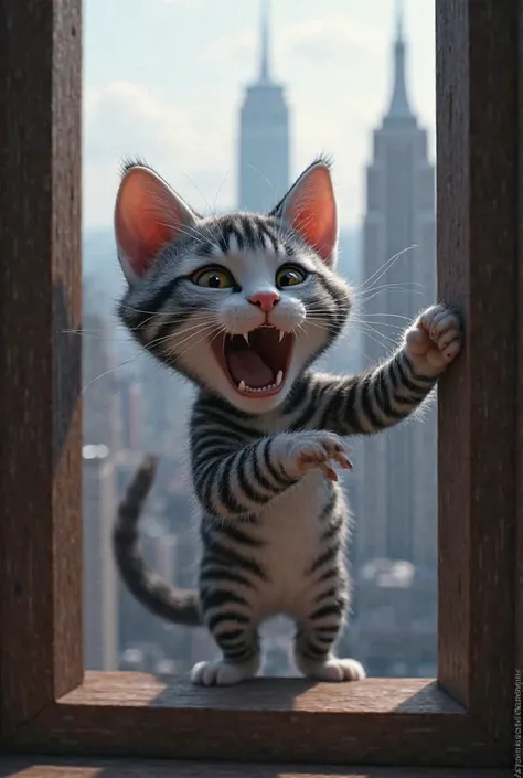 In 3d Pixar animation.
Black and white stripes tabby kitten holding onto the window and screaming for help. 
background New York City,
