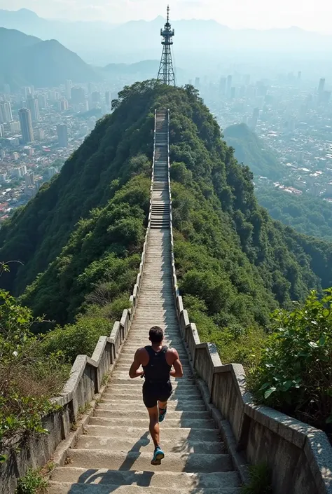 A runner climbing the 242 steps of Pico do Jaraguá in São Paulo.

From the top the view is incredible. It was 3 hours and 30 minutes.
There was a TV tower at the top