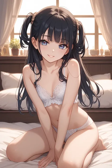 detailed　long black hair　 has bangs　 hearts in eyes　 shirtless　underwear　white panties　Sister　 cute　 twins　Great smile　 small tits　one&#39;s home　 dim room in the background　