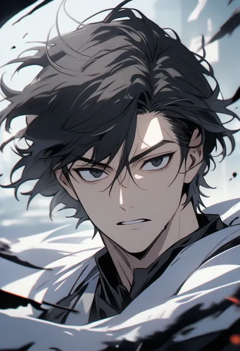 male, solo, handsome, beautiful eyes, black eyes,  black hair, short hair, wind, hair fluttering,  stoic face, nice background, beautiful color, high detail, macro picture, white custom, a death glare