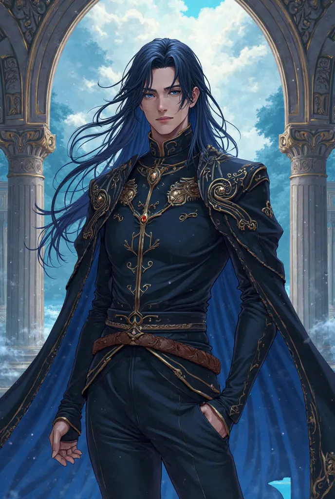 Anime character: black-haired, blue-eyed man, majestic style 
