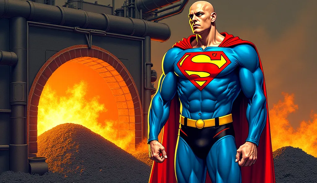 Bald Lex Luthor in a blue jumpsuit with the Superman logo throws coal into the oven with a shovel,  pop art style 