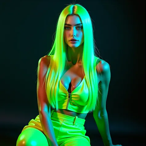  THIN WHITE YOUNG WOMAN , Neon green long straight hair ,  bed , Hairy hairy neon curves , Neon leather croquette , neon green leather pants , neon green high shoe , with a round green pompom on top of the shoe , neon green panties  , She's giving an inter...