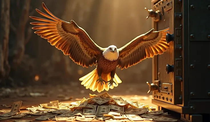 ULTRA-REALISTIC IMAGE — A golden eagle flies over a pile of money scattered in an open safe. Its wide wings create a cinematic effect while dollar and gold bills shine with the reflection of light.  The image transmits power , prosperity and unlimited oppo...