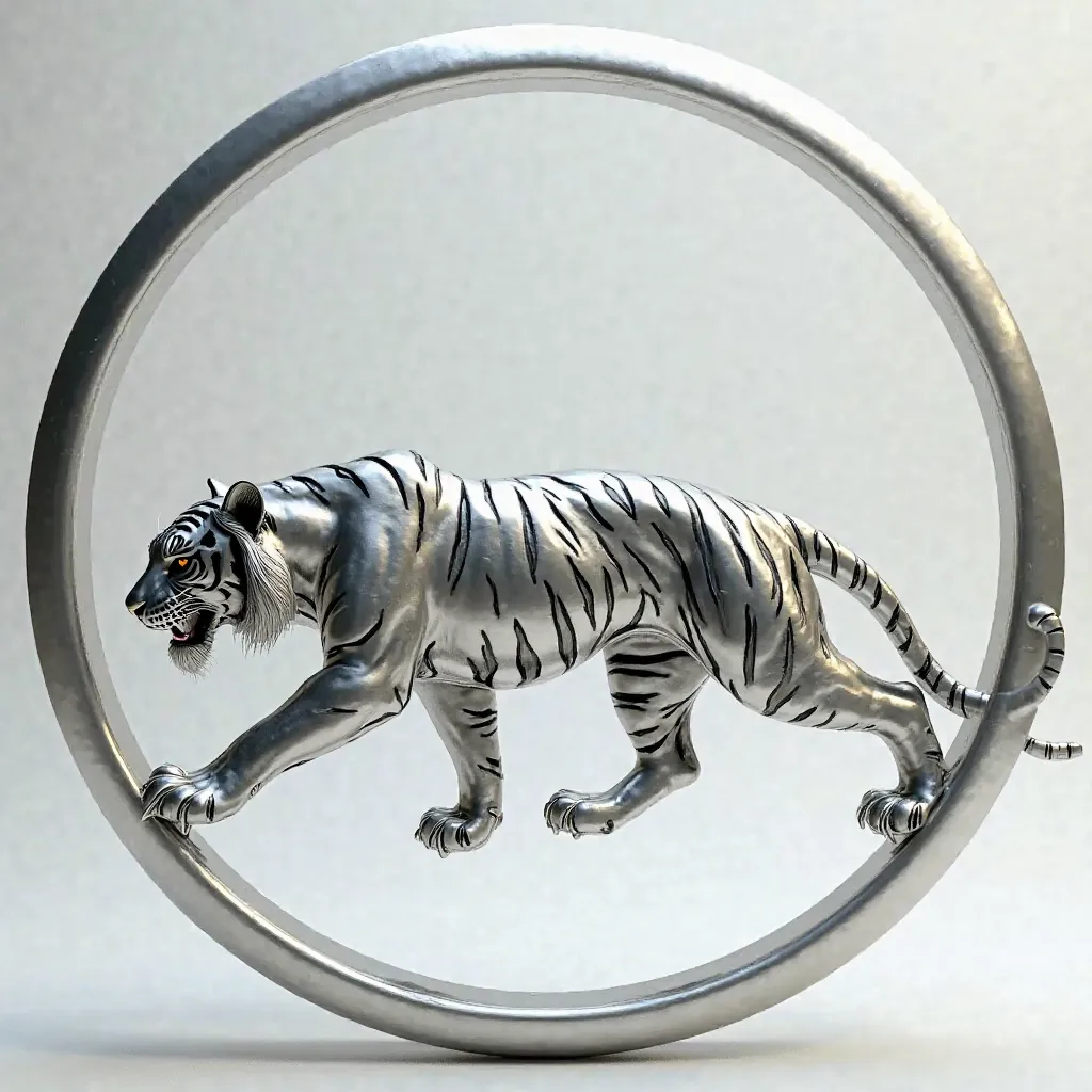 Silver carved, Walking tiger, absolute circle. 