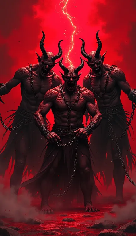 realistic illustration of devils being chained during the month of Ramadan, red background