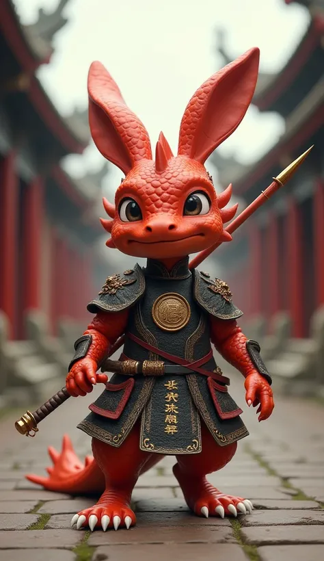  Fantastic　 realistic footage　The square of an old Chinese castle　A cute dragon with round eyes wearing black and red Chinese armor　He has a sword on his waist　He is riding a red hare with Ryofu's spear