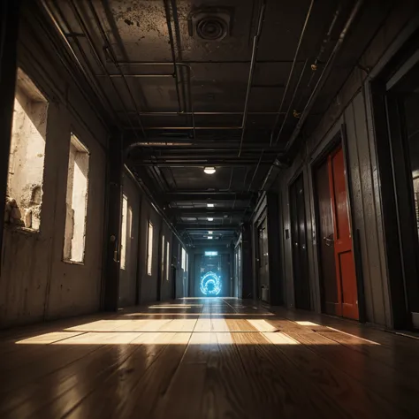 A retro, pixel-art first-person shooter game scene set in a dimly lit, industrial sci-fi environment. The setting consists of a metallic corridor with a gritty, futuristic aesthetic, featuring a blend of dark steel surfaces and worn-out yellow-and-black ha...