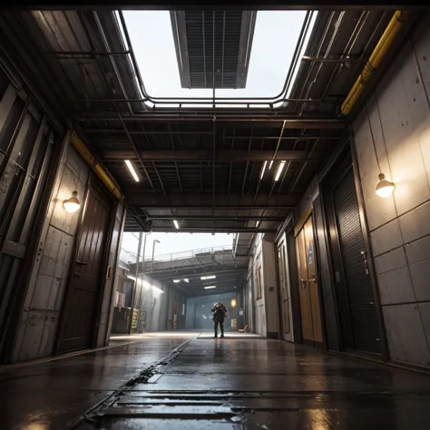 A retro, pixel-art first-person shooter game scene set in a dimly lit, industrial sci-fi environment. The setting consists of a metallic corridor with a gritty, futuristic aesthetic, featuring a blend of dark steel surfaces and worn-out yellow-and-black ha...