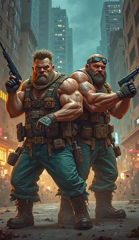 asterix and obelix cartoon characters in the form of gangsters with guns in their hands , cinematic and realistic