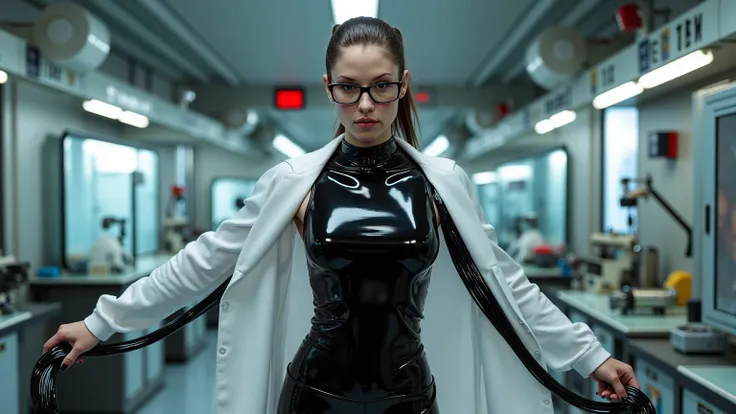  (chyler leigh :2) (wear square black glasses:2) (bodypaint black:2) (plan de corps entier:2) ( Gare de Shibuya ) jeune fille de 25 ans, (elle porte une lab coat plastique blanche:2) (ses vêtements sont brillants en latex:2), (extrem shiny clothes:2) Souri...