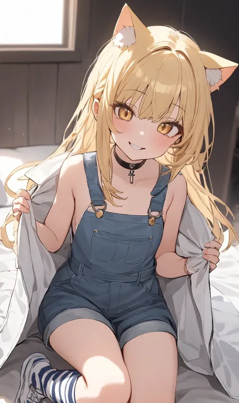 masterpiece, best quality, 1 girl 、 girl、Petite、 small tits、is young、cute、 cute、light yellow hair,  long hair,  Half Twin、yellow eyes、Yellow cat ears、 t-shirts、sleeveless denim jumpsuit、Lala skirt that goes up to the knee、white big coat、smile、long striped ...