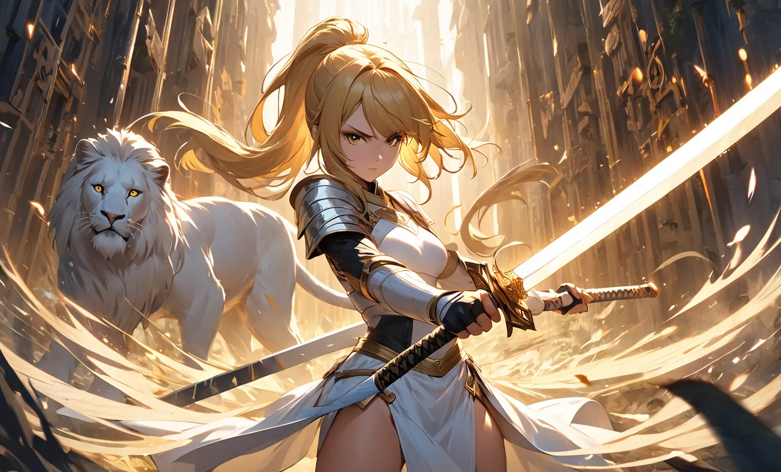 Golden Hair Ponytail Girl，Bangs，Chest，White Lion Shape Armor， Slim Fit， Bare Waist ，Iron Skirt， Bare Thighs，Cross Sword， stands，maze，female swordsman，Double Wing