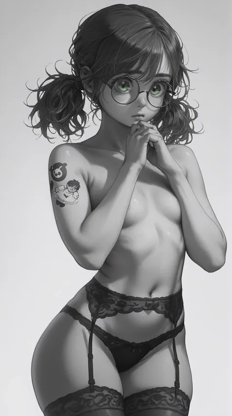 Drawing style with simple freehand pencil shading. (((Black and white))) . Young woman with blond brown hair, bob haircut straight hair , 20 years,  skinny,  not tall ,  green eyes, .  wide hips . Round glasses. Naked. sexy.  Tattooed right arm and shoulde...