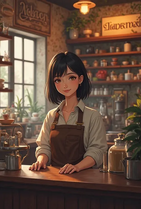 1.Female,Straight hair, black-brown hair ,Cafe, behind the scenes,Name of Khaimoog Cafe Clear shop name,shopkeepers, Realistic