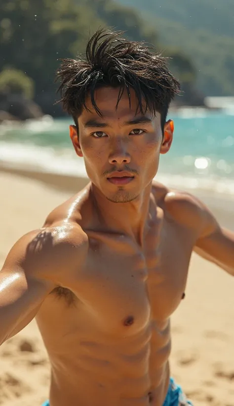 ((photorealism:1.2),   very Handsome japanese man, Japanese only, 22-27 year-old, beach volleyball players, playing volleyball on the beach, wearing sexy beach volleyball outfit, close up