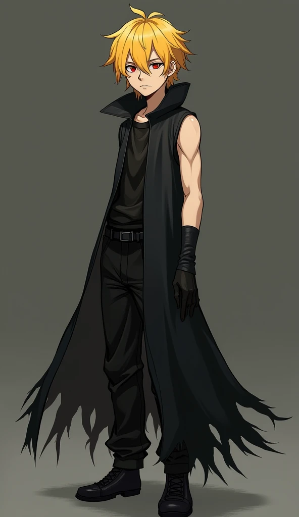 Realistic and cinematic style, a boy around , calm and serene expression, straight and messy yellow hair, yellow eyebrows, scarlet red eyes, body with a good physique, wearing a black sleeveless shirt, a black torn cloak, black pants, black shoes.