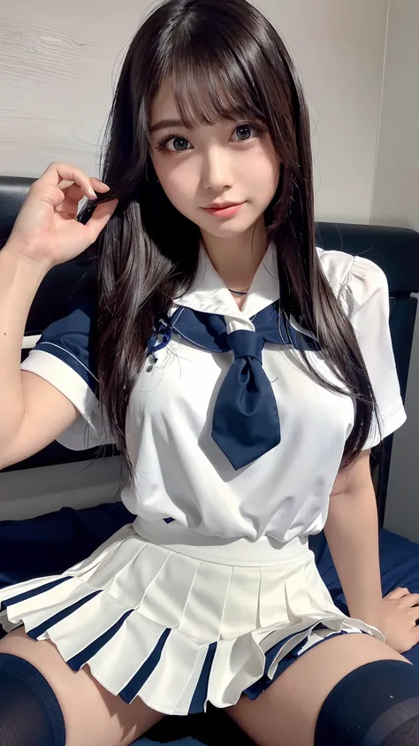 ((masterpiece, Highest quality, high resolution, ultra high definition)),  Japanese high school girl,(realistic:1.5)、smiles、great face、closed mouth、 sharp mouth、Glossy Lips 、long hair,(beautiful dark hair:1.5)、(( school uniform, White Short Sleeve Sailor S...