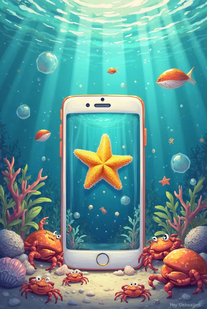 A logo for selling fish called Alfadl Fish is a mobile phone at the bottom of the sea. High quality is a yellow sea star. Sea shells are crabs 