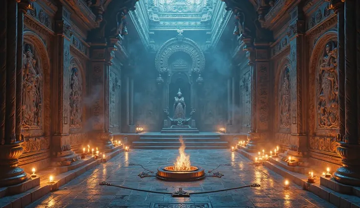 A hyper-realistic, ultra-HD 4K A hidden chamber inside the palace, with walls etched with ancient images of sages and hindu deities. The room is dimly lit by oil lamps, casting a divine glow, surrounded by an aura of soft blue light. deep meditation, In th...